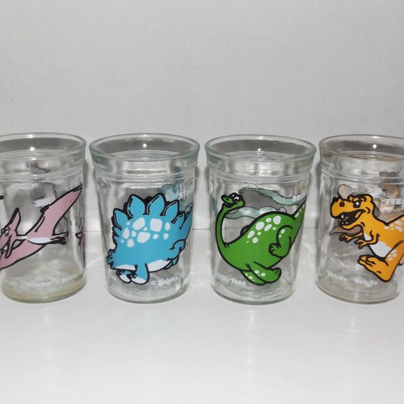 1988 Complete Set of 4 Welch’s Jelly Jar Dinosaur Glasses Dated - Picture 1 of 11
